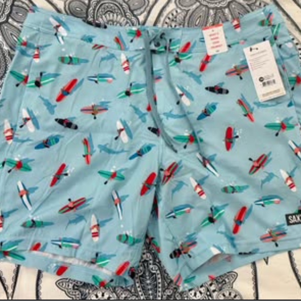 Saxx Light Blue Surfboard Print Swim Shorts